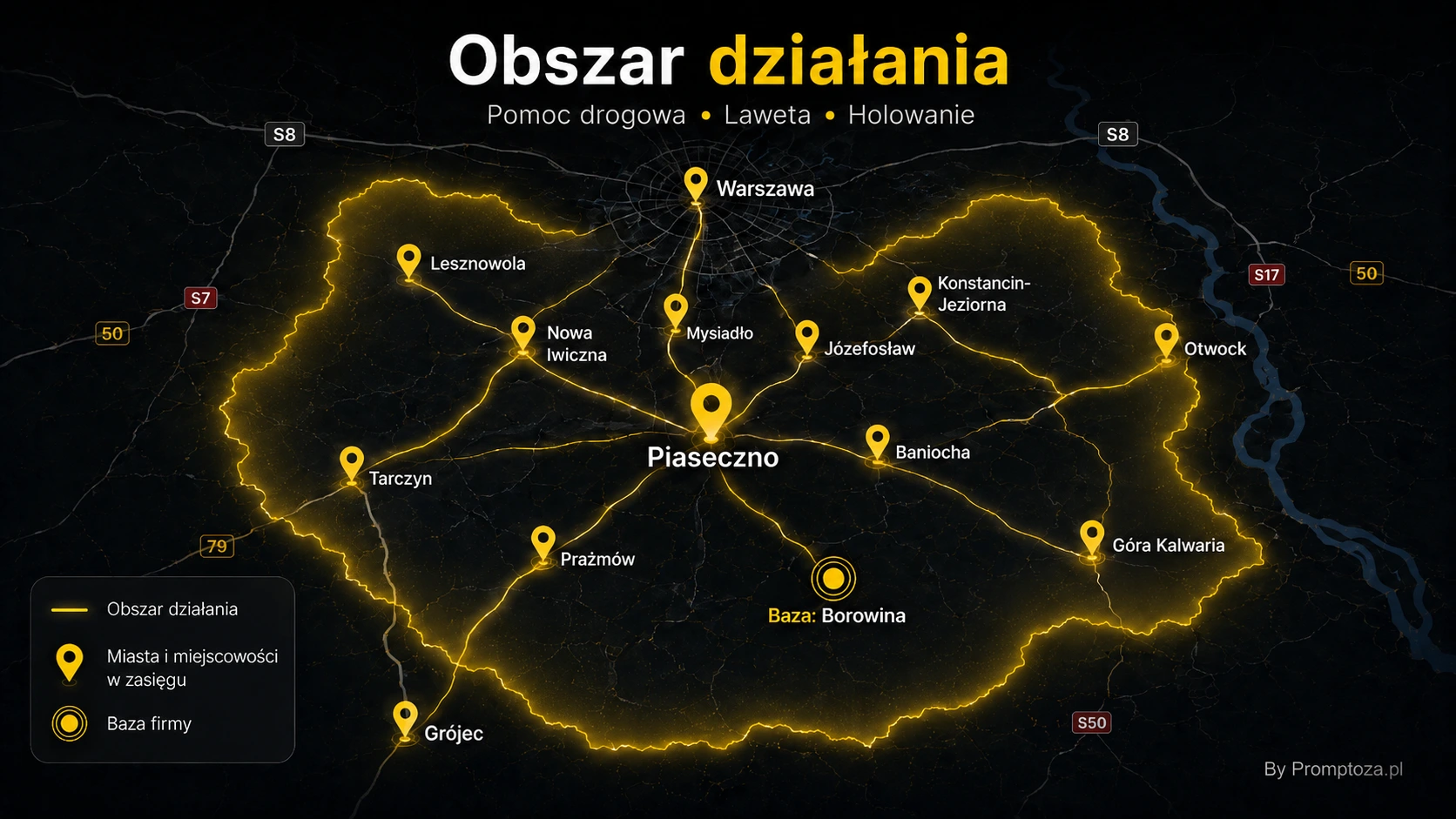 Mapa obszaru działania Pomoc Drogowa Laweta 24H w powiecie piaseczyńskim
